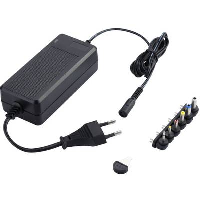 Schwarzes Netzteil mit mehreren austauschbaren Steckern, geeignet für verschiedene elektronische Geräte. Steckkabel und Adapter inklusive.