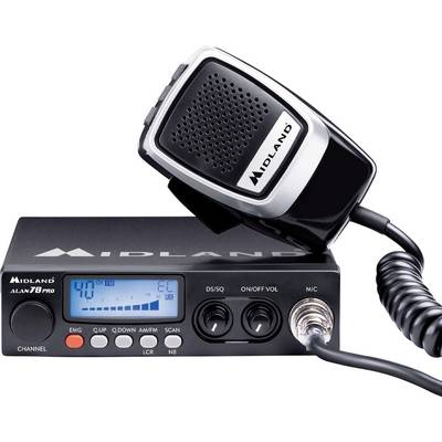 Ein CB-Funkgerät mit Mikrofon, Modell 'Midland Alan 78 Plus', zeigt einen digitalen Bildschirm mit Frequenz- und Kanalanzeige.