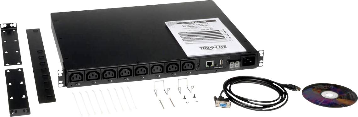 Ein schwarzer Netzwerkschalter mit mehreren Steckdosen, inklusive USB-Kabel, Metallhalterungen, Schrauben und einer CD für die Installation.