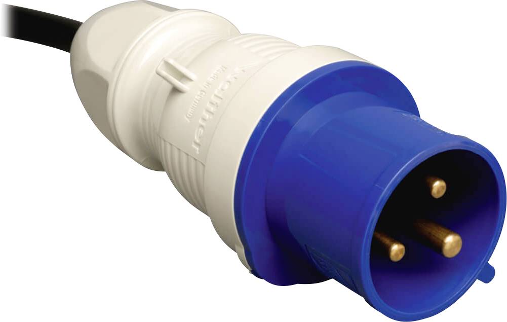 Dreipoliger blauer Stromstecker für industrielle Anwendungen, rechte Seite des Steckers zeigt drei Metallkontakte.