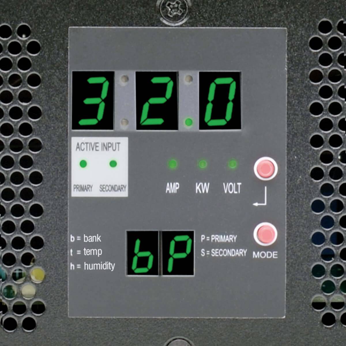 Das Bild zeigt ein digitales Messgerät-Display mit grünen Zahlen und Buchstaben. Es zeigt '32,0' für die Ampere und '6P' unten.