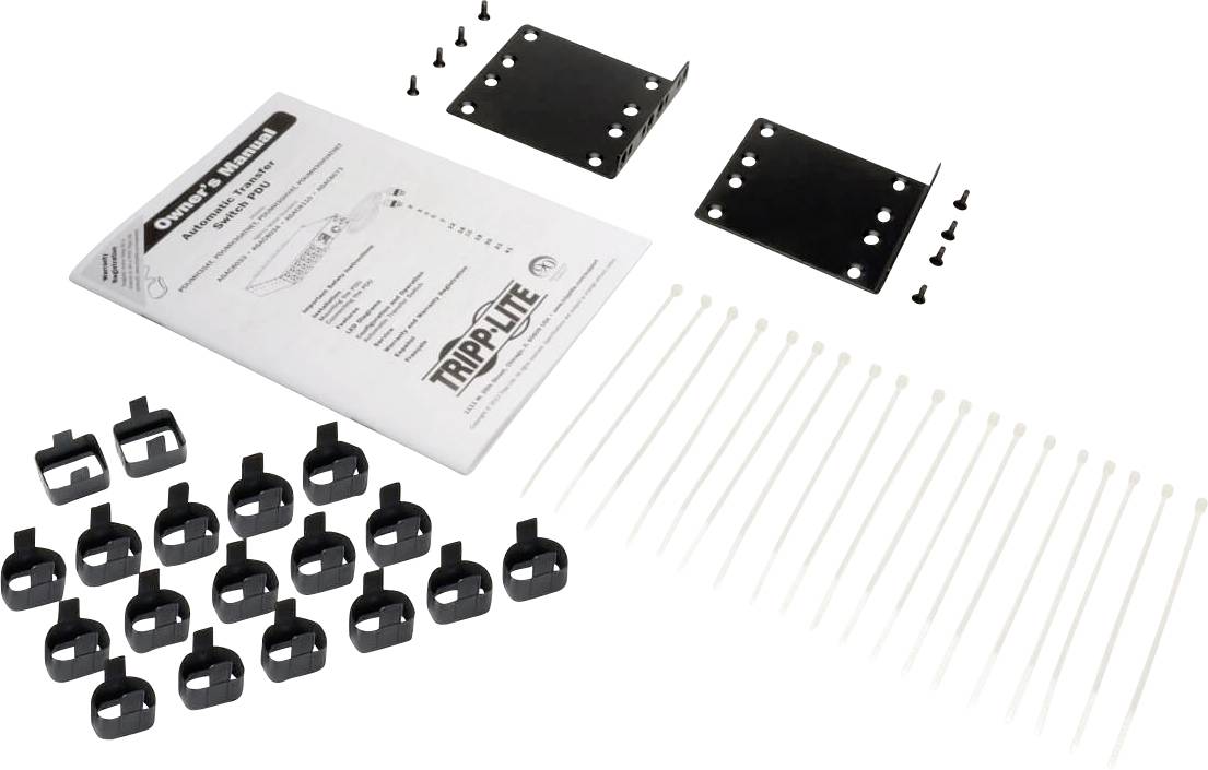 Montagekit mit Anweisungen, Metallplatten, Schrauben, Kabelbindern und Halterungen, wahrscheinlich für ein Installationsprojekt.