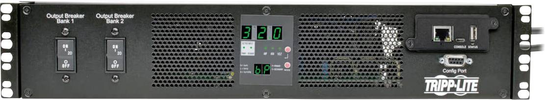 Ein schwarzes Servergehäuse mit digitalen Anzeigen in der Mitte, zwei Kippschaltern links und mehreren Anschlüssen rechts. Marke: Tripp Lite.