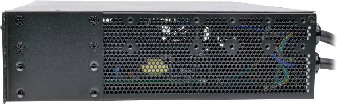 Ein schwarzes Computer-Netzteil mit Lüftungsgitter und Kabeln auf der Rückseite. Es zeigt technische Komponenten im Inneren.