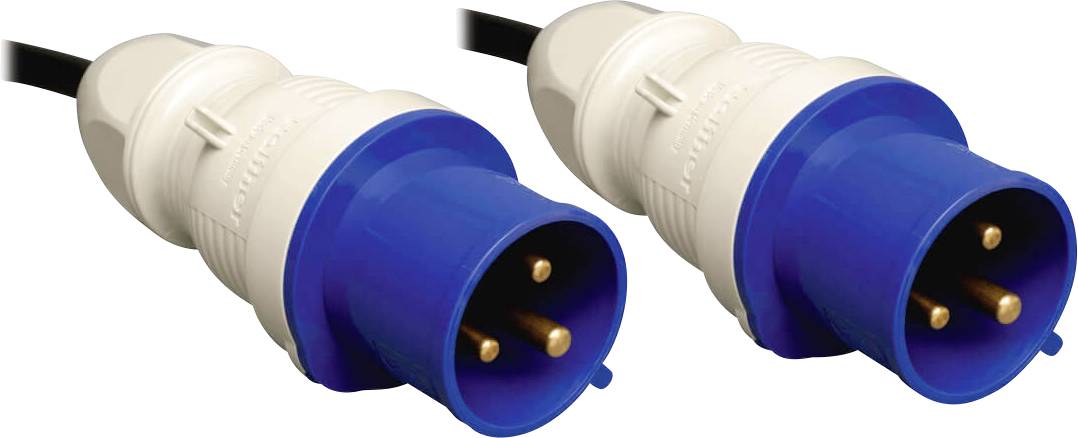 Zwei blaue Steckverbinder mit drei Metallpins, verbunden mit schwarzem Kabel, vor weißem Hintergrund.