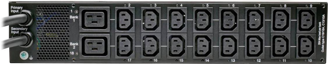 Ein Stromverteiler mit zwei Netzeingängen und sechzehn Ausgängen, die in zwei Gruppen zu je acht eingeteilt sind. Model FBI-TPXRUT-1U.