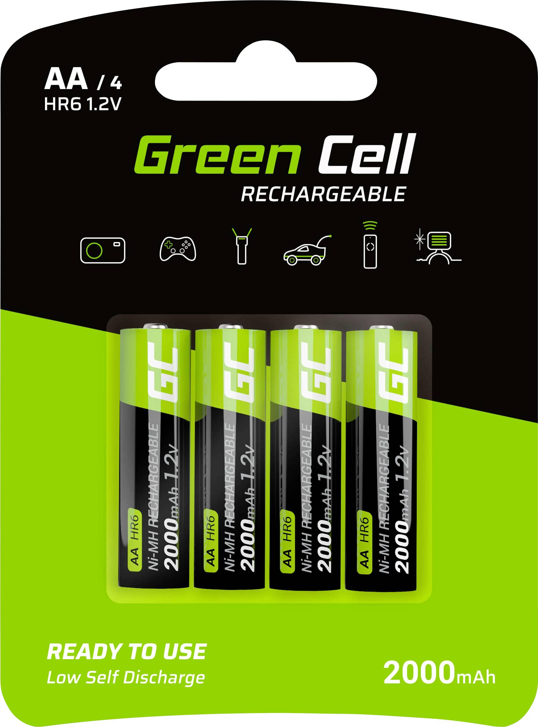 Vier wiederaufladbare AA-Batterien von Green Cell in Verpackung, 2000mAh Kapazität, geeignet für Fernbedienungen, Kameras und Spielzeuge.