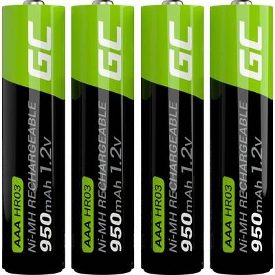 Vier wiederaufladbare AAA-Batterien, Typ Ni-MH, 950mAh, 1,2V, in grüner und schwarzer Verpackung.