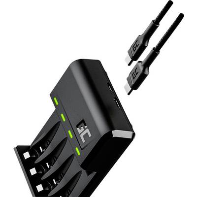 Vierfach-Ladegerät mit LED-Anzeigen und zwei USB-C-Kabeln, geeignet für Akkus.
