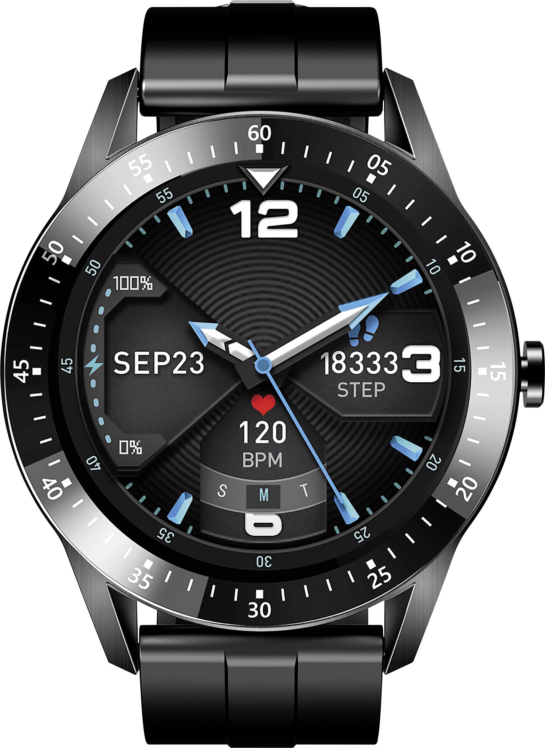 Intelligente Armbanduhr mit schwarzem Band, zeigt Datum 'SEP 23', Herzfrequenz '120 BPM', Schritte '18333', und analoge Uhrzeit.