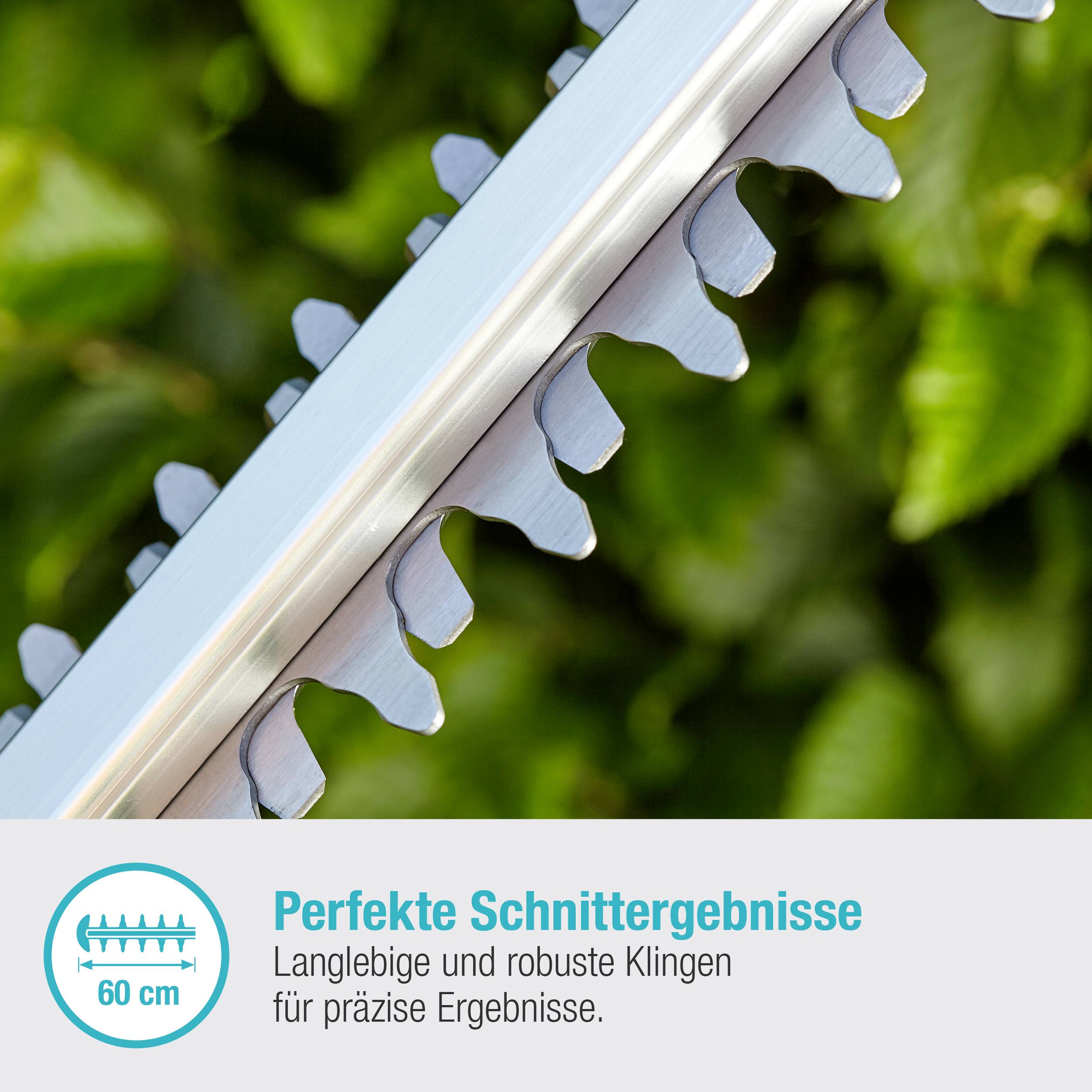 Eine Heckenschere mit 60 cm langen Klingen vor grünen Blättern. Text: 'Perfekte Schnittergebnisse. Langlebige und robuste Klingen für präzise Ergebnisse.'