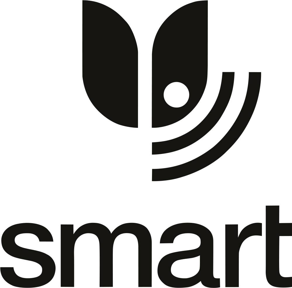 Das Bild zeigt das Logo von 'smart' mit einem stilisierten, modernen Design in Schwarzweiß. Oben sind zwei Formen ähnlich einem Blatt und einer Schallwelle.