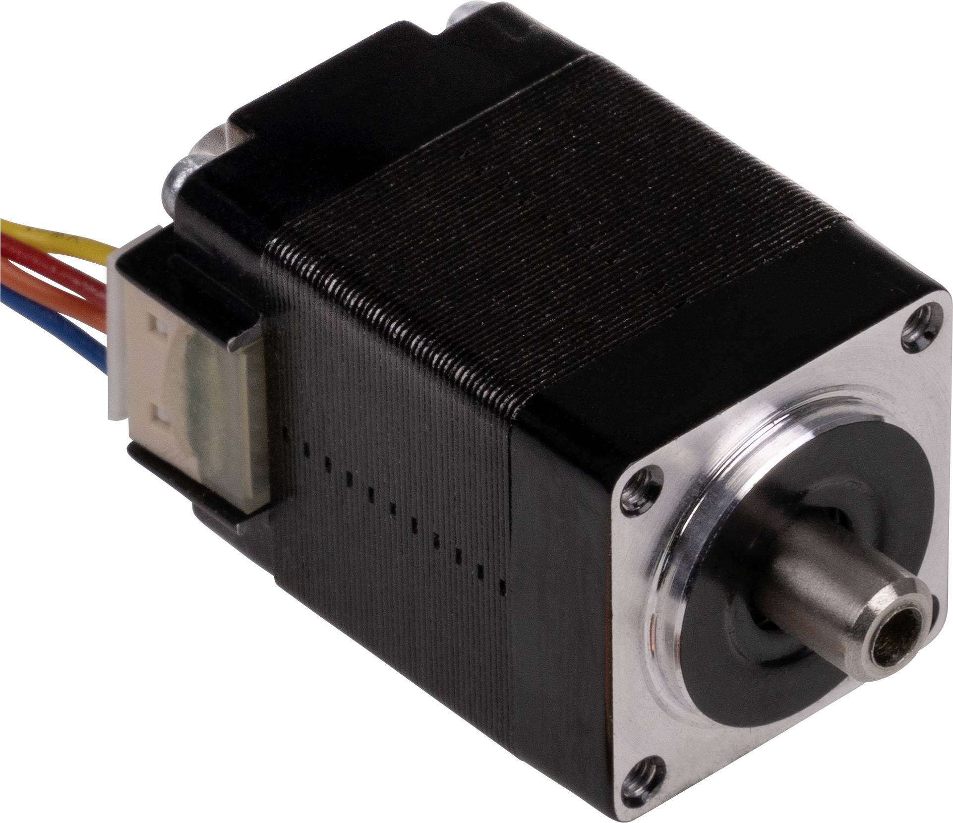 Schrittmotor mit Metallgehäuse, Antriebswelle und bunter Kabelverbindung an der Seite. Verwendet für präzise Positionierungsanwendungen.