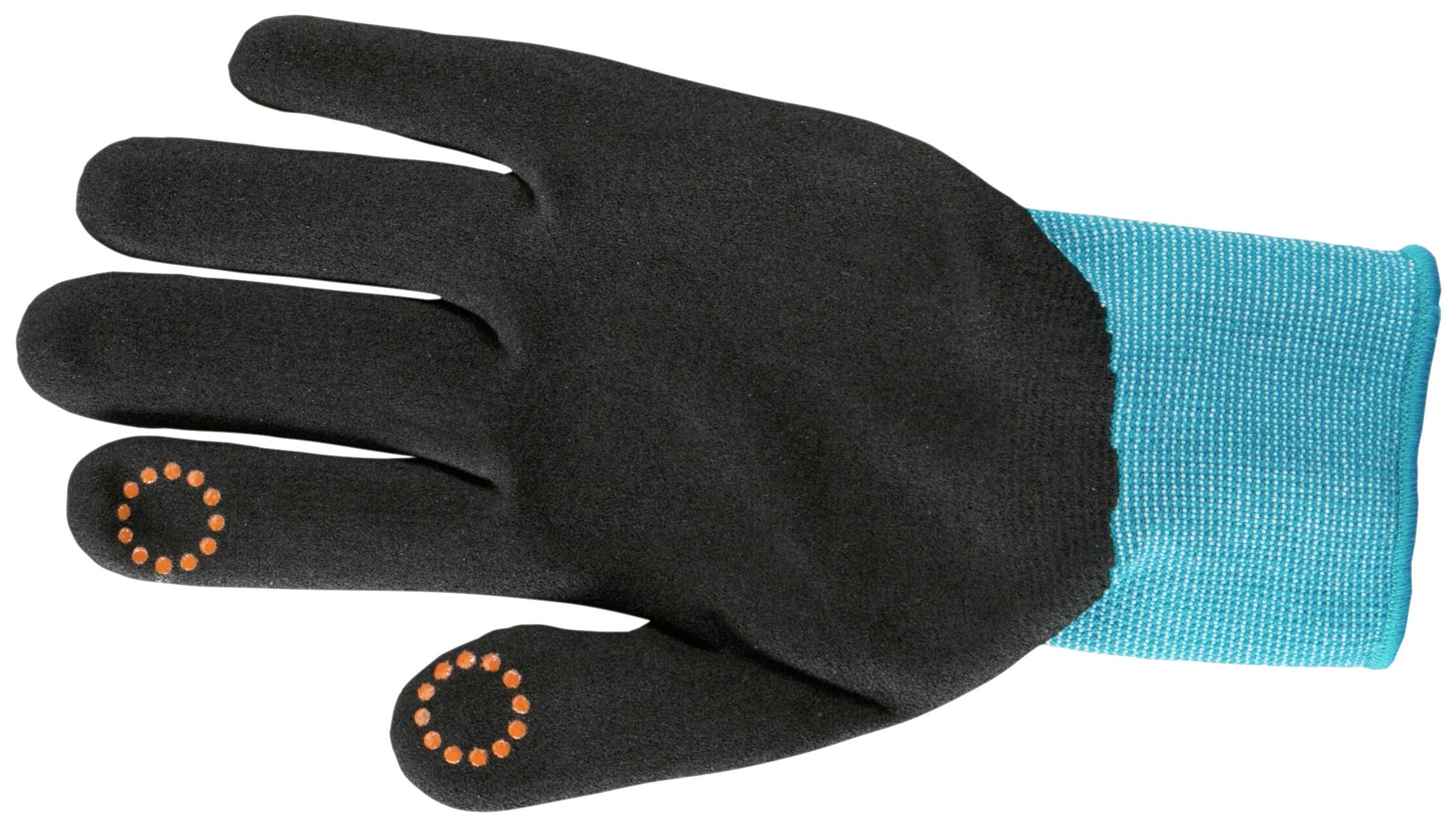 Schwarzer Handschuh mit blauen Bündchen. Orange Kreise mit Punkten auf Zeigefinger und Daumen. Eignet sich für Touchscreen-Bedienung.