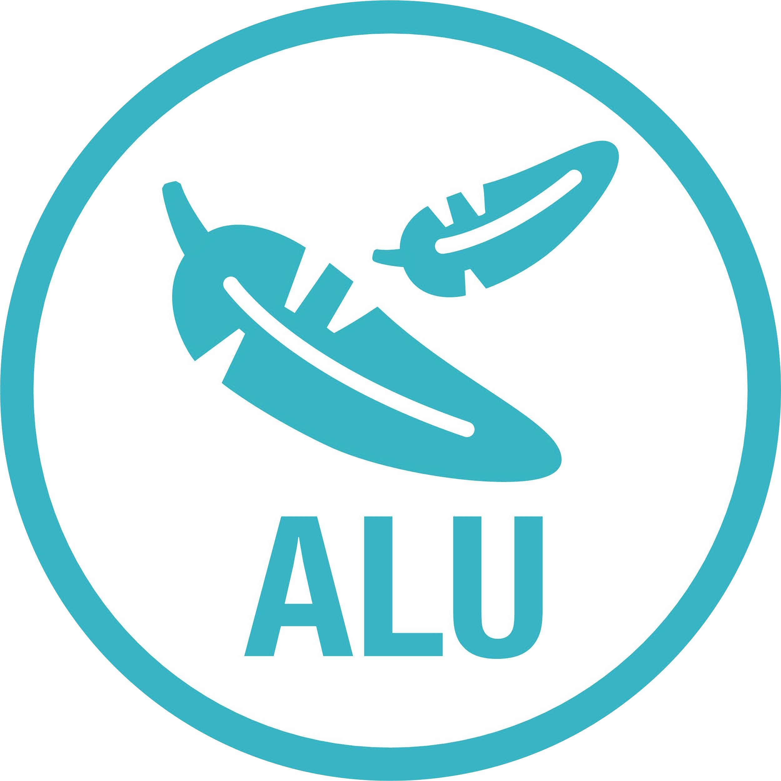 Logo mit zwei stilisierten Federn und dem Schriftzug 'ALU'.