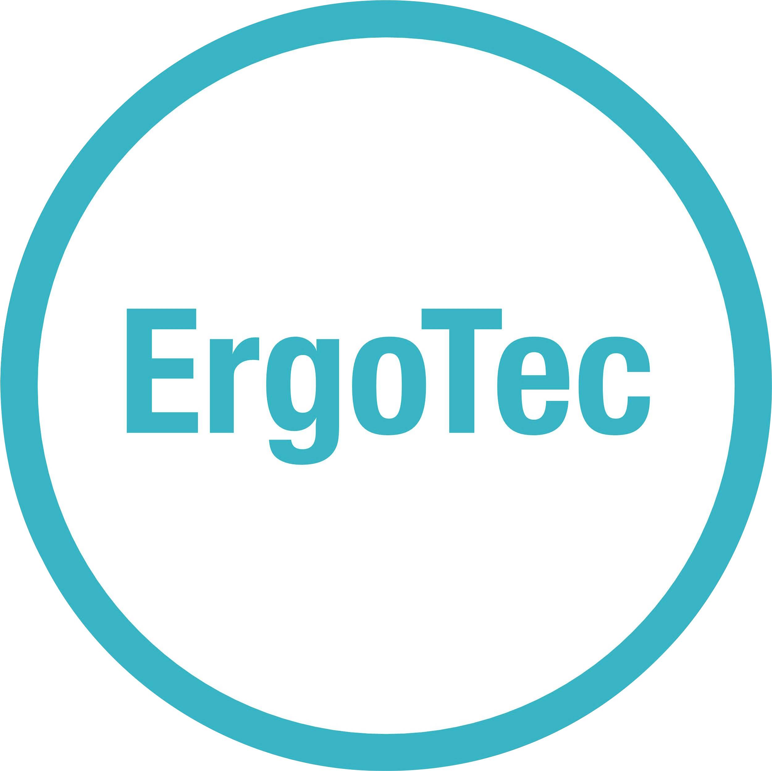 Das Bild zeigt ein rundes, türkisfarbenes Logo mit dem Wort 'ErgoTec' in der Mitte, umgeben von einem kreisförmigen Rand.