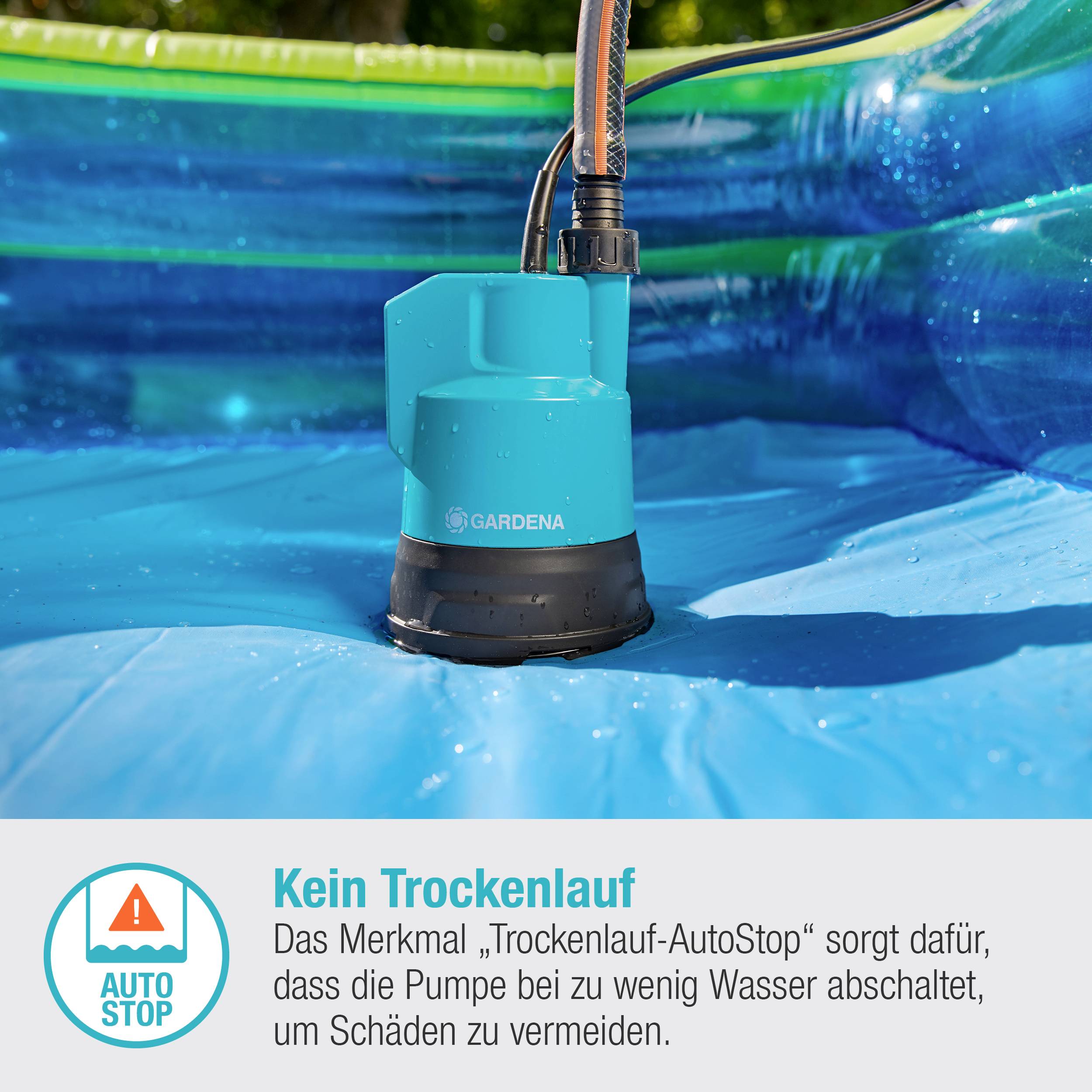 'Tauchpumpe Gardena' im Einsatz in einem Pool. Text: 'Kein Trockenlauf dank Trockenlauf-AutoStop'.