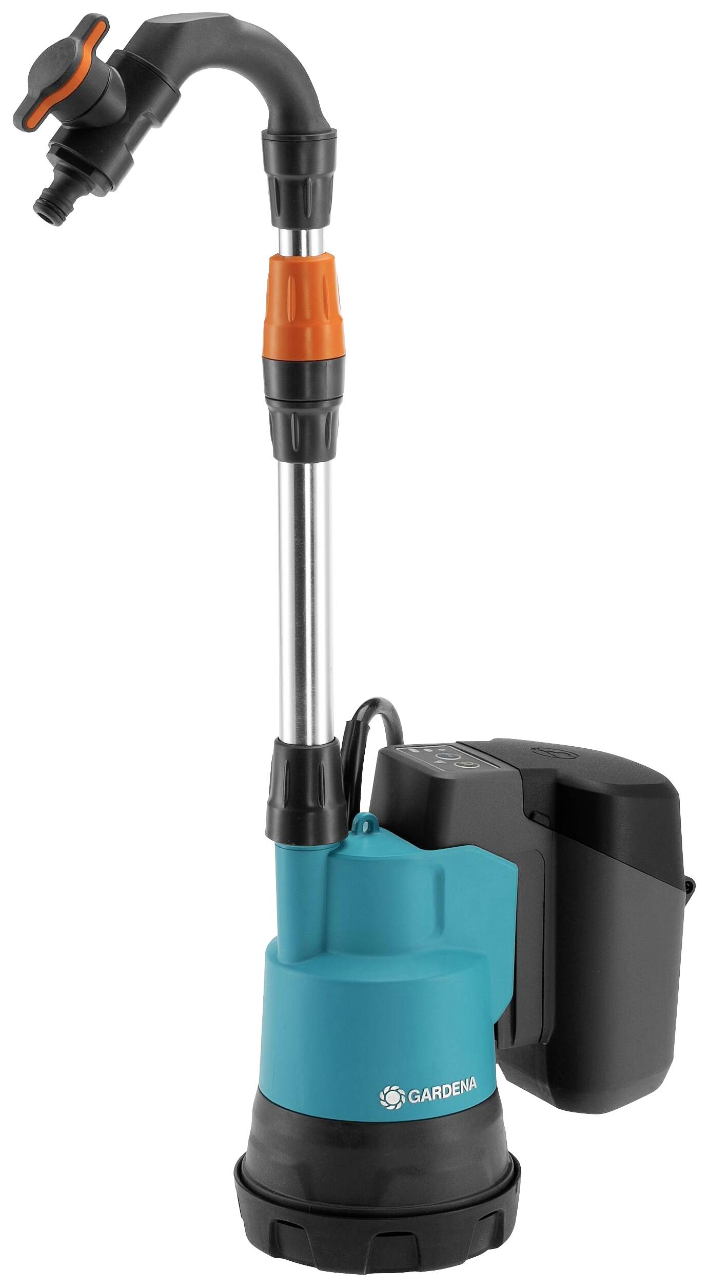 Wasserpumpe in blauem und schwarzem Design mit orangenen Akzenten, geeignet für Bewässerung und Abpumpen von Wasser im Garten.