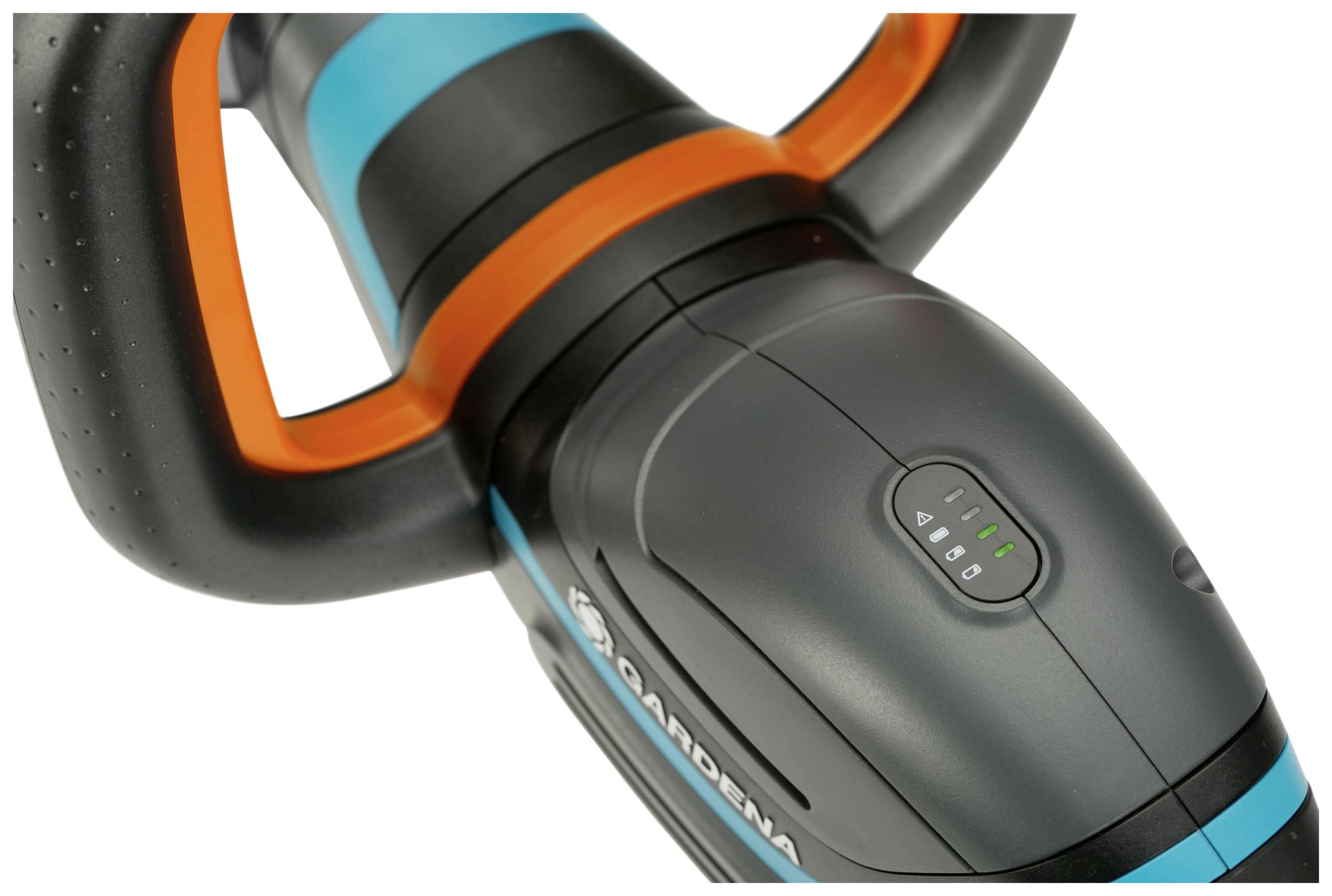 Ein ergonomisch gestalteter Griff, schwarz mit blauen und orangefarbenen Akzenten, zeigt Batterieladungsanzeige mit drei grünen LEDs.