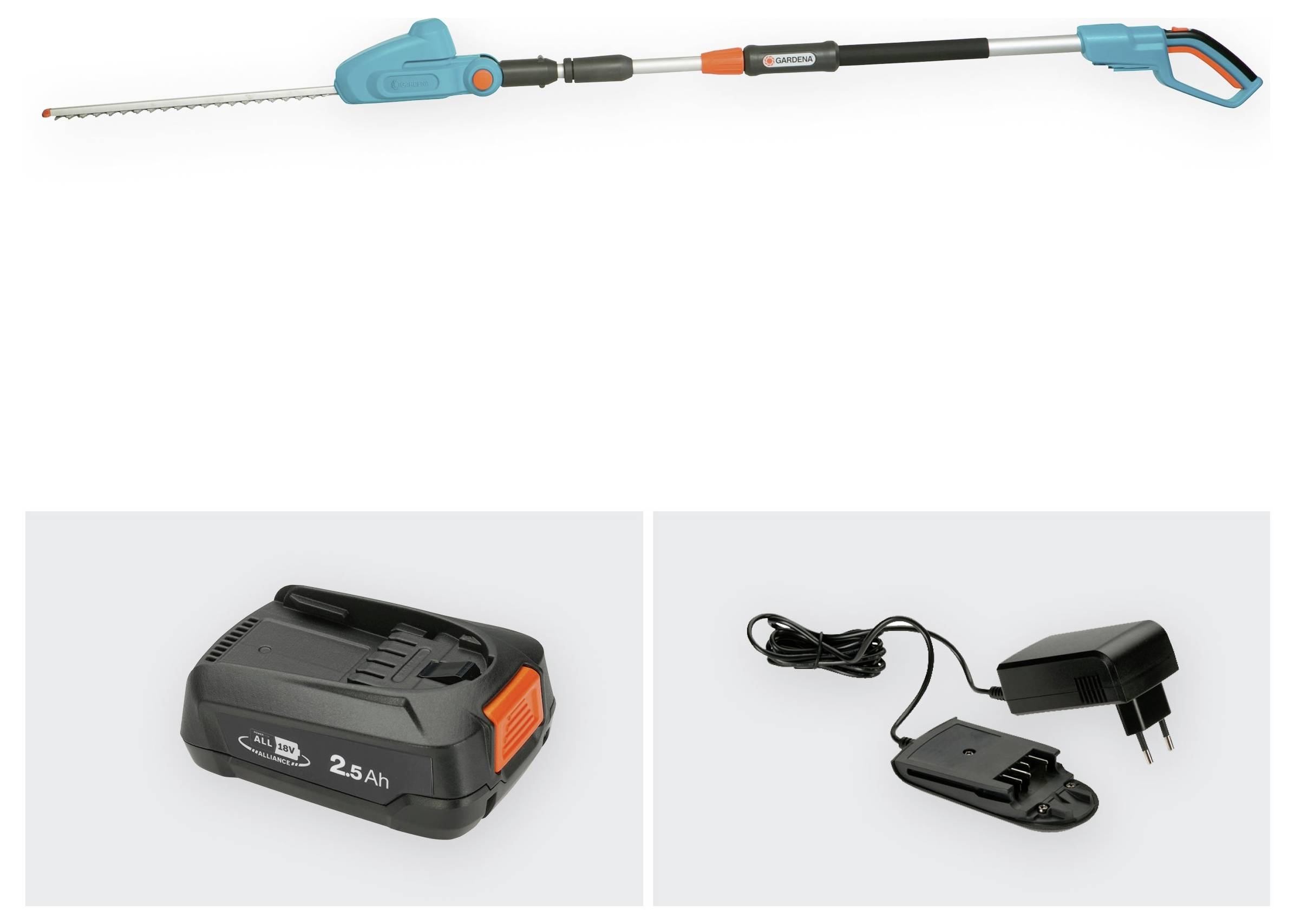 Teleskop-Heckenschere mit 2,5-Ah-Akku und Ladegerät, mit langem Griffschaft für das Trimmen von hohen Hecken geeignet.
