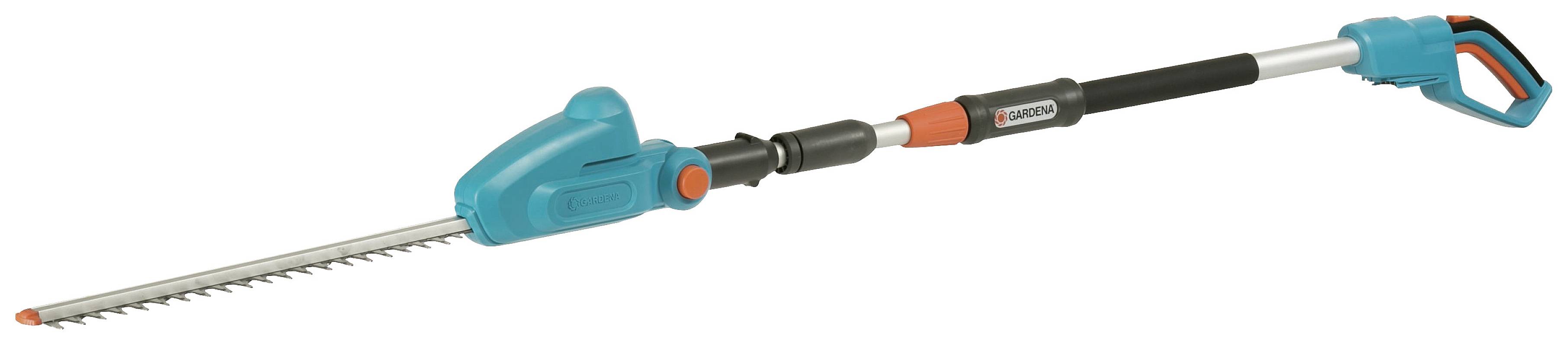 Heckenschere mit Teleskopstiel in Blau und Schwarz, für schwer zugängliche Stellen in Gärten. Ideal zum Schneiden von hohen Hecken.