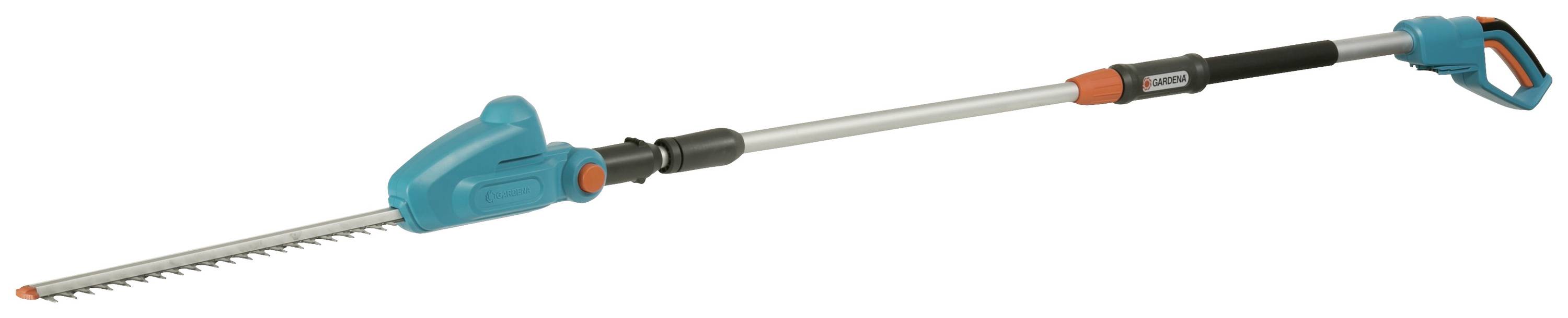 Elektrische Teleskop-Heckenschere mit blauem und schwarzem Griff, geeignet zum Trimmen hoher Hecken. Ideal für Gartenarbeiten.