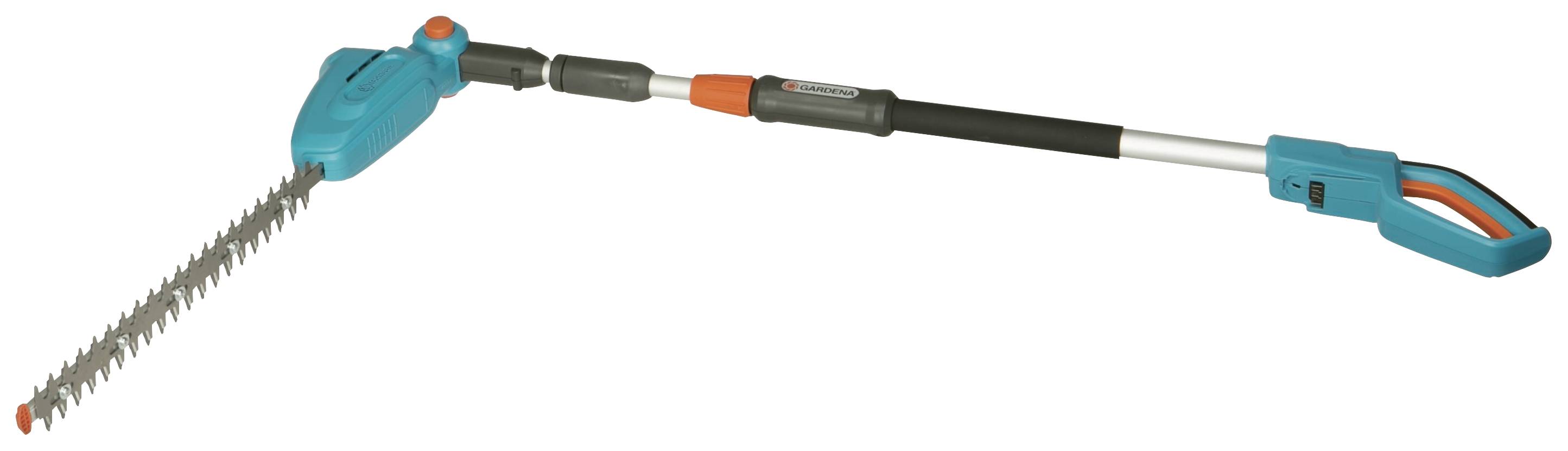 Heckenschere mit langem, verstellbarem Stiel und ergonomischem Griff, geeignet für schwer erreichbare Stellen.