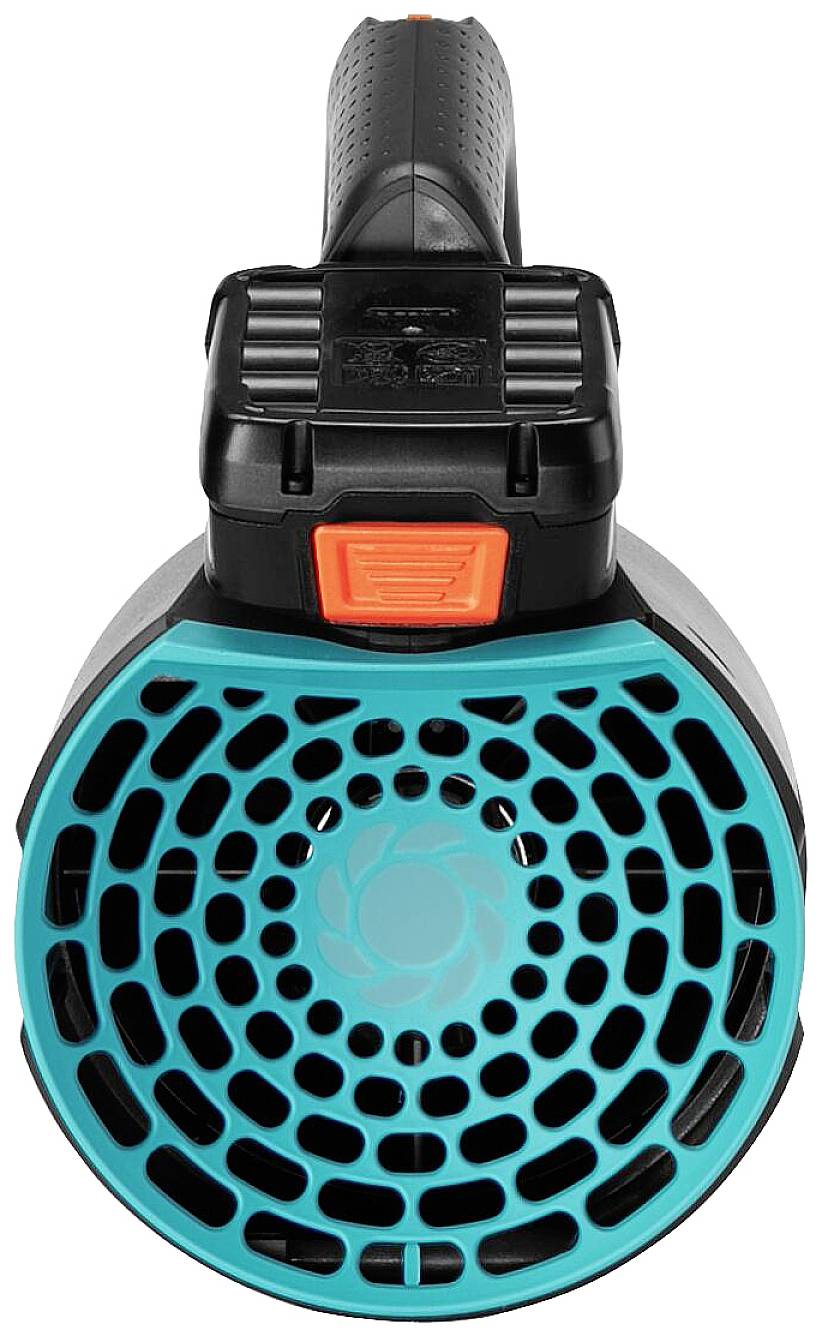 Ein Laubbläser mit schwarz-türkisem Design und orangenem Schalter.