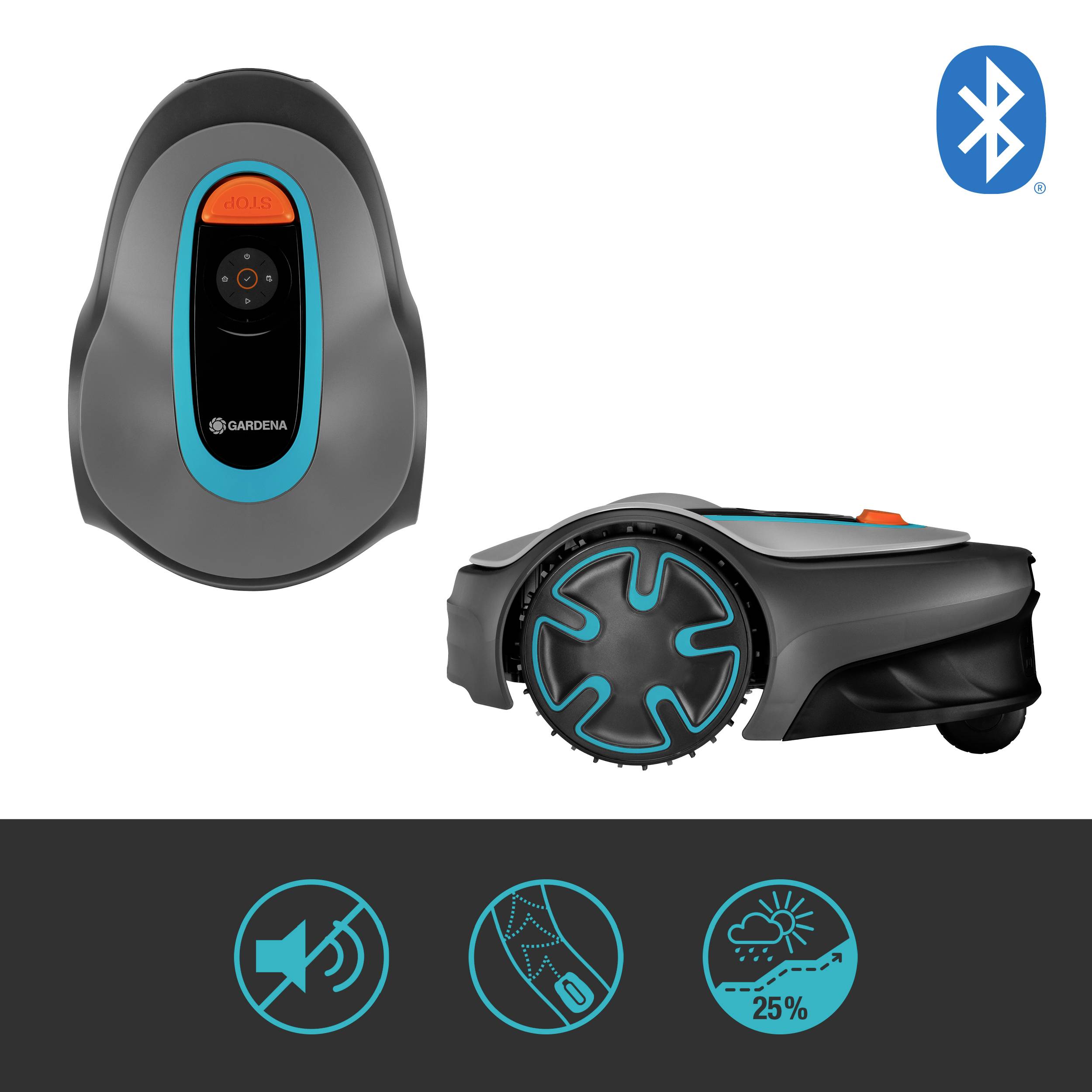 Automower in Schwarz und Blau mit Bluetooth-Steuerung. Zeigt Symbole für leises Mähen, einfache Reinigung und Wetterbeständigkeit.