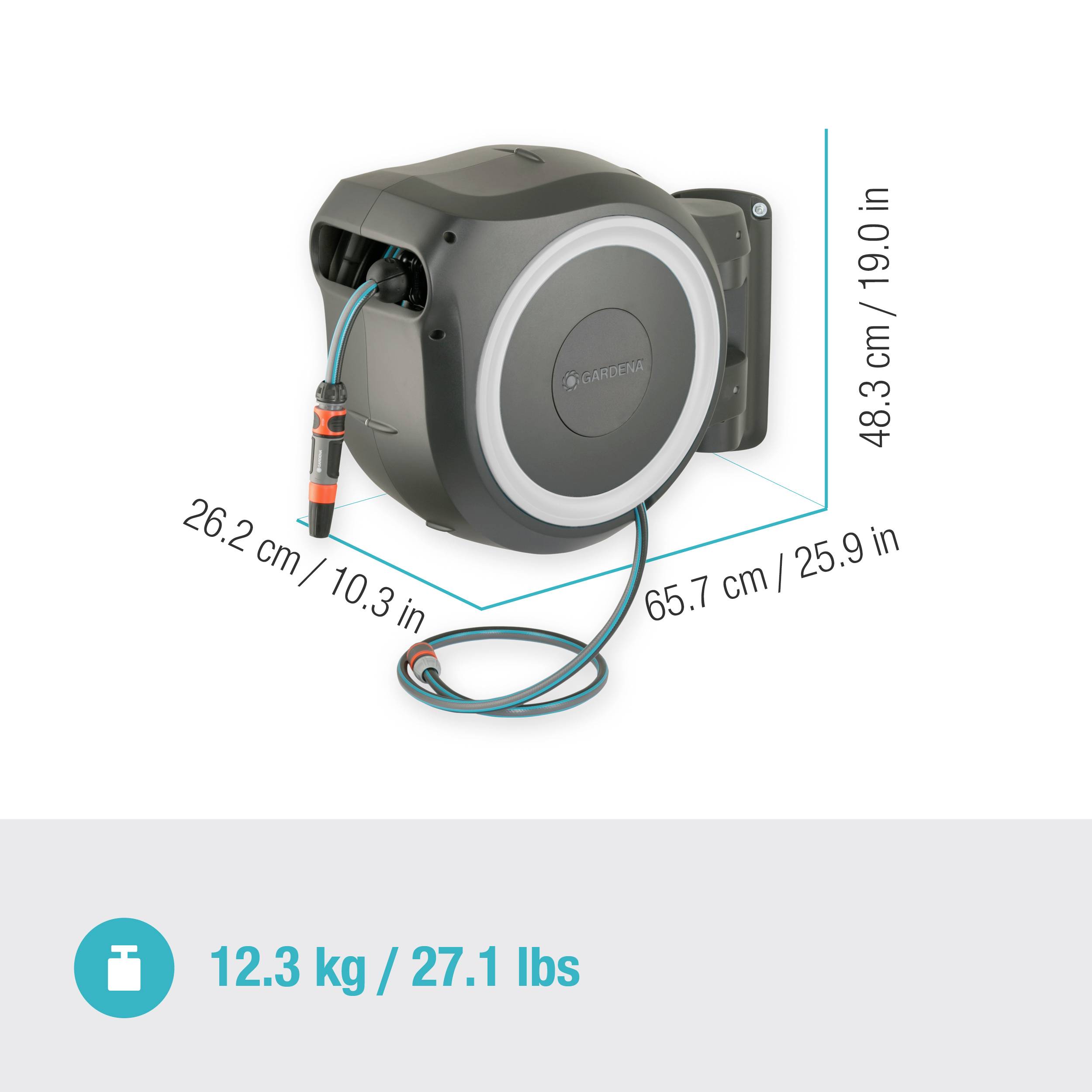 Gartenschlauchbox zur Wandmontage, 48,3 cm hoch, 65,7 cm breit, mit automatischem Aufrollmechanismus. Gewicht: 12,3 kg.