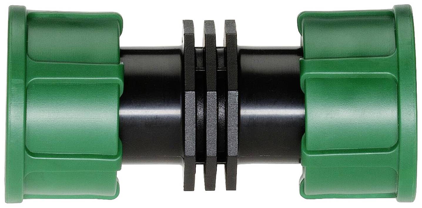 Eine grüne Schlauchkupplung mit schwarzem Mittelteil und zwei Endkappen.