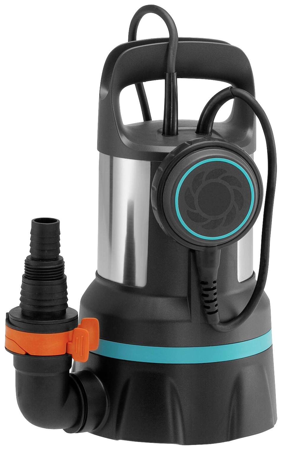 Eine schwarze Tauchpumpe mit einem blauen Ring und einem orangenen Ventil ist abgebildet.