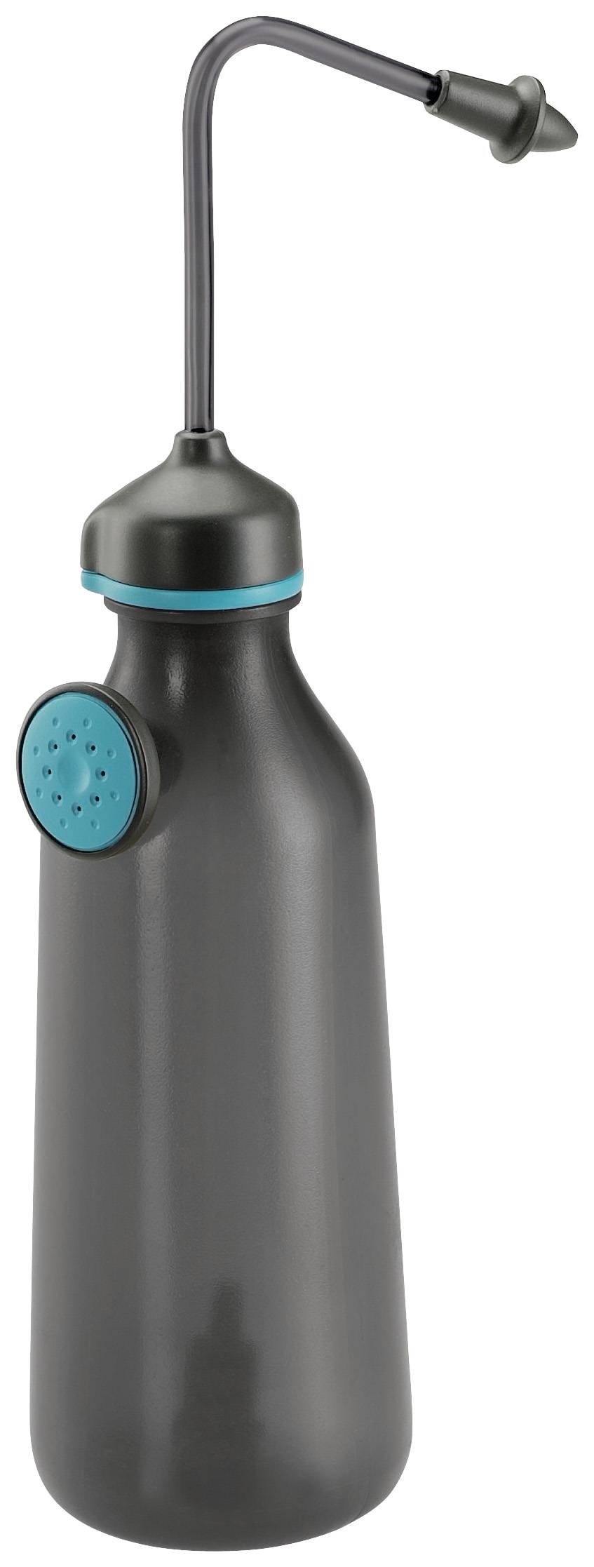 Eine schwarze bidetartige Flasche mit einem langen, gebogenen Schlauch und einem aufsteckbaren Sprühkopf. Geeignet für hygienische Reinigung.