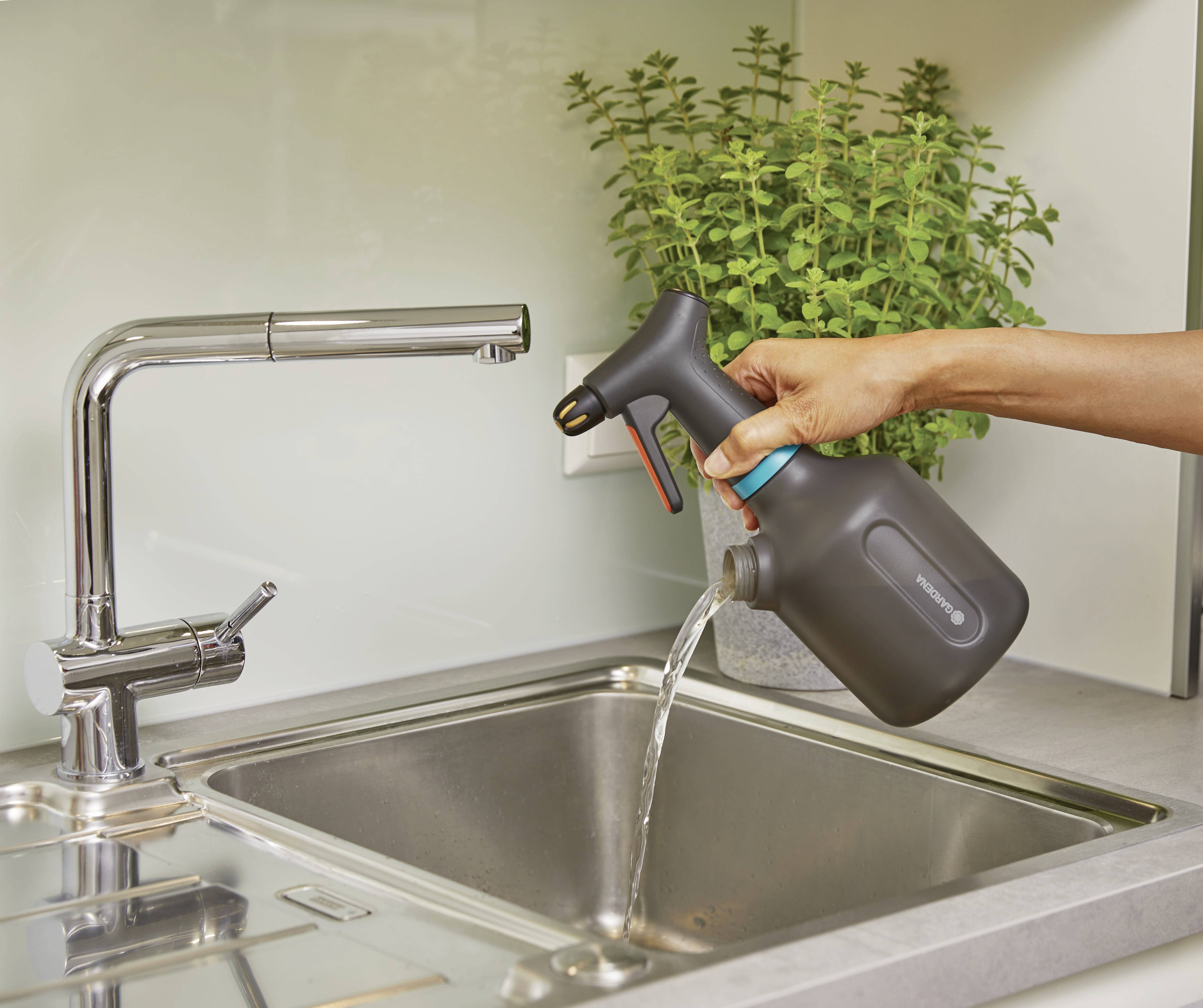 Eine Hand gießt Wasser aus einer Gießkanne in ein Waschbecken. Im Hintergrund steht eine Pflanze.