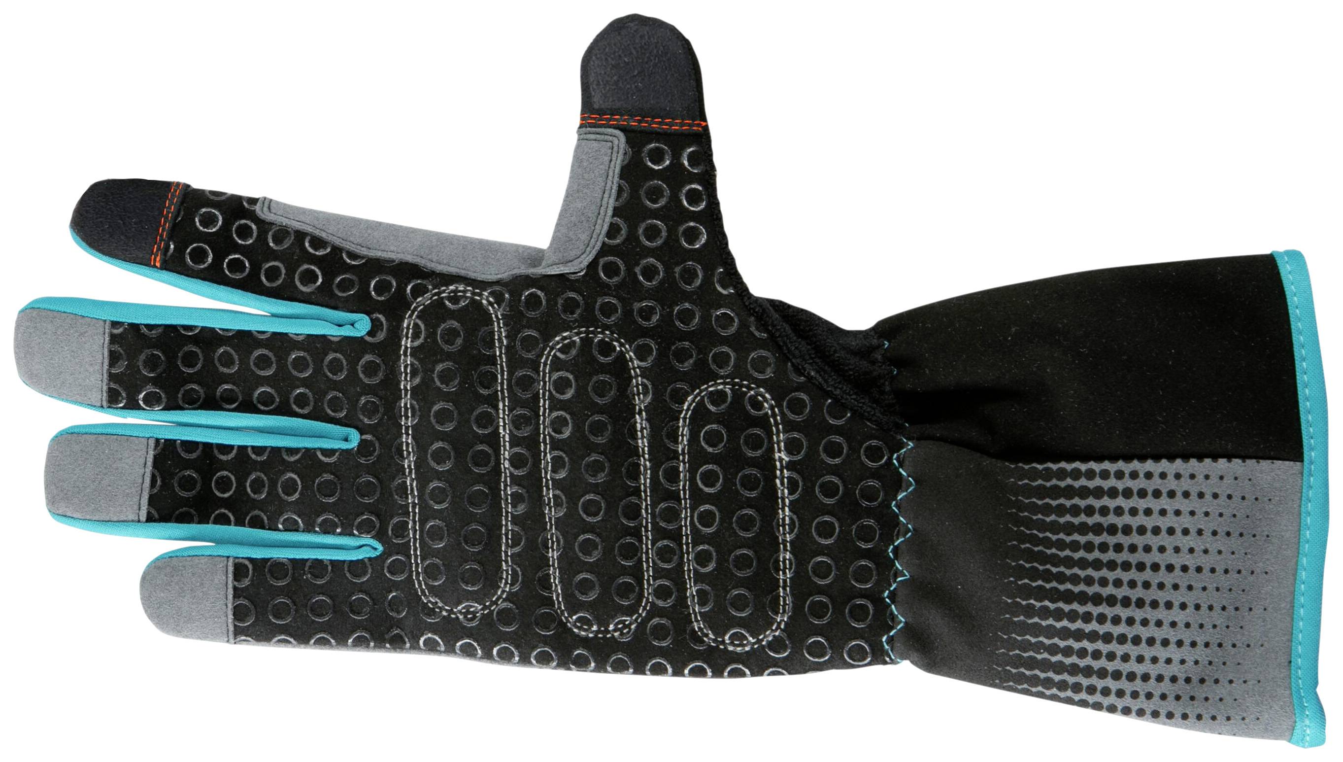 Eine schwarze Handschuh mit blauen und grauen Akzenten und gepunktetem Muster, zeigt die Innenfläche nach oben.