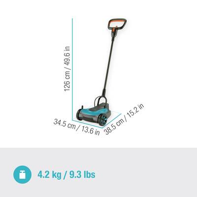 Elektrischer Handrasenmäher mit Abmessungen: Höhe 126 cm, Breite 34,5 cm, Länge 38,5 cm. Gewicht: 4,2 kg (9,3 lbs).