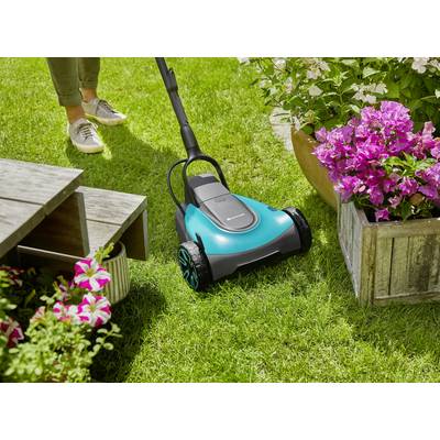 Eine Person mäht einen grünen Rasen mit einem blauen Handrasenmäher. Daneben stehen blühende Blumen in einem hölzernen Pflanzkasten.