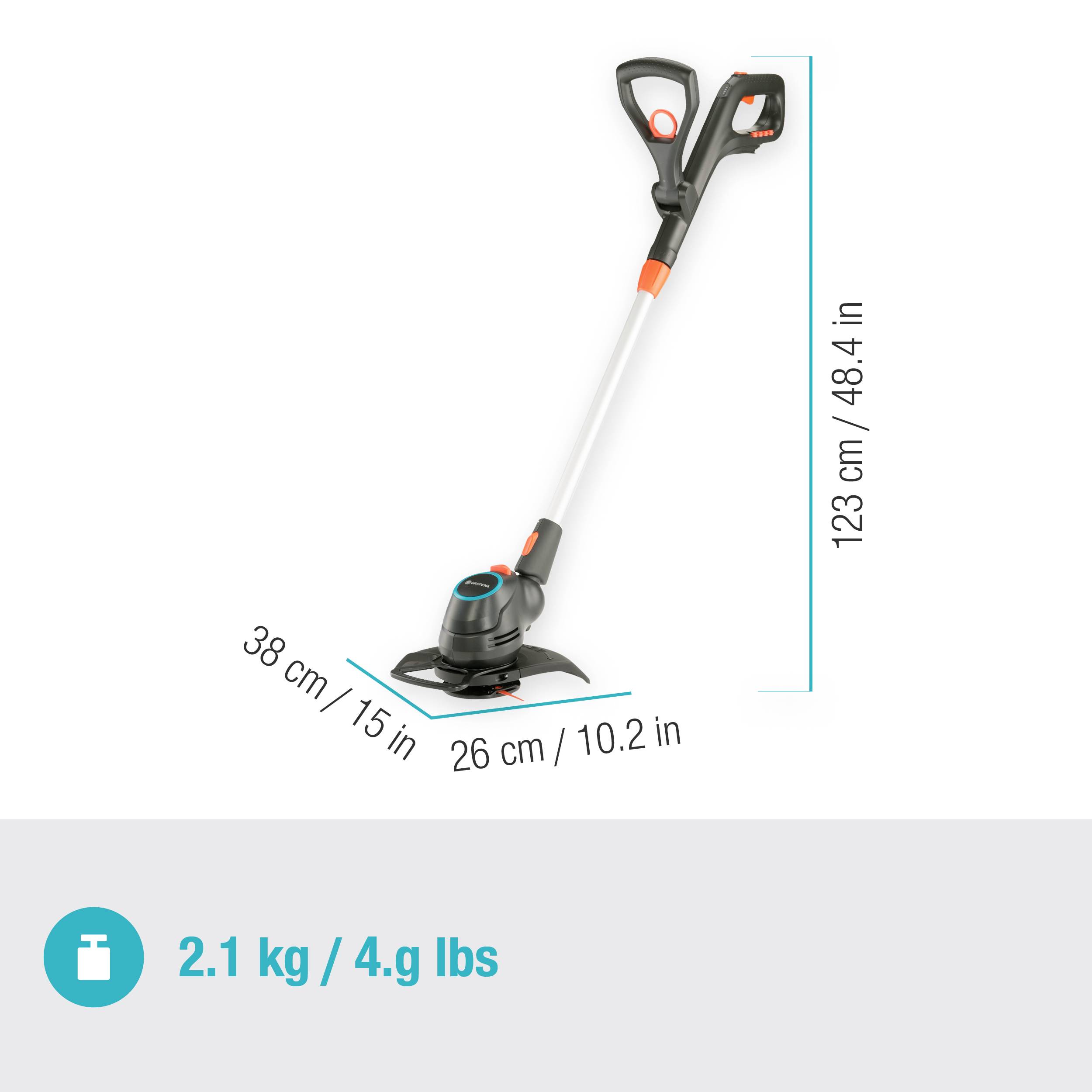 Ein elektrischer Rasentrimmer mit ergonomischem Griff. Länge: 123 cm (48,4 in), Breite: 26 cm (10,2 in), Gewicht: 2,1 kg (4,6 lbs).