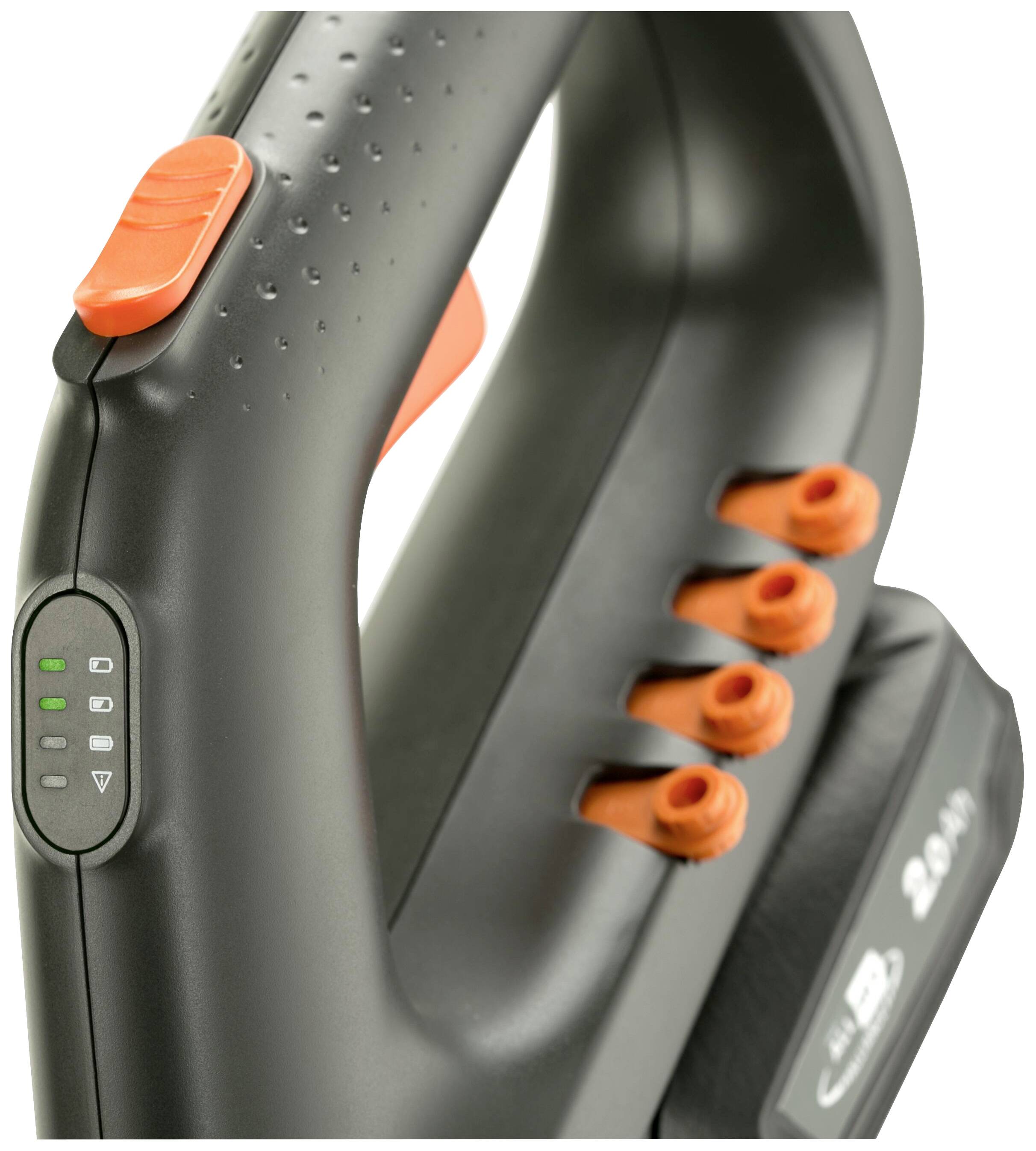 Handgriff eines schwarzen, ergonomischen Gartengeräts mit orangen Bedienelementen und grünem LED-Anzeigenstreifen.