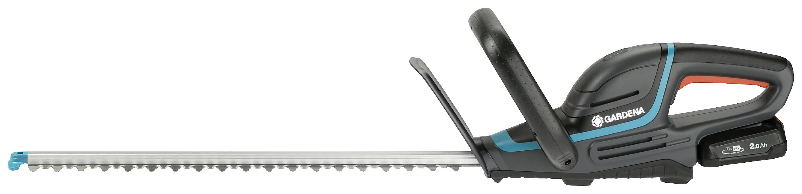 Elektrische Heckenschere mit ergonomischem Griff und langer Klinge; geeignet für Trimmen von Hecken und Sträuchern.