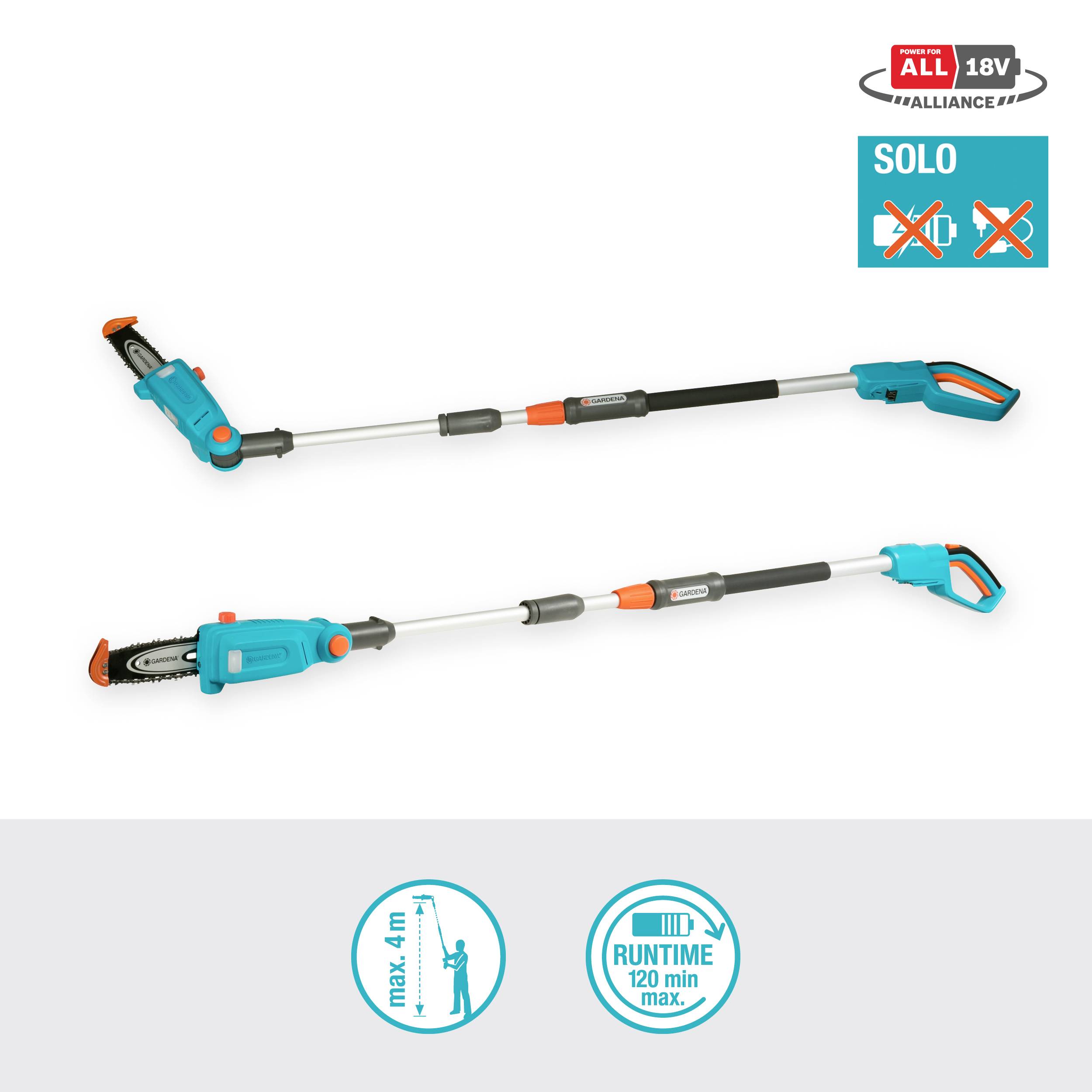 'Teleskop-Heckenschere mit Wechsel-Akku. Verlängerbar bis 4 Meter. Akkulaufzeit: 120 Minuten. Geeignet für Baumschnitt.'