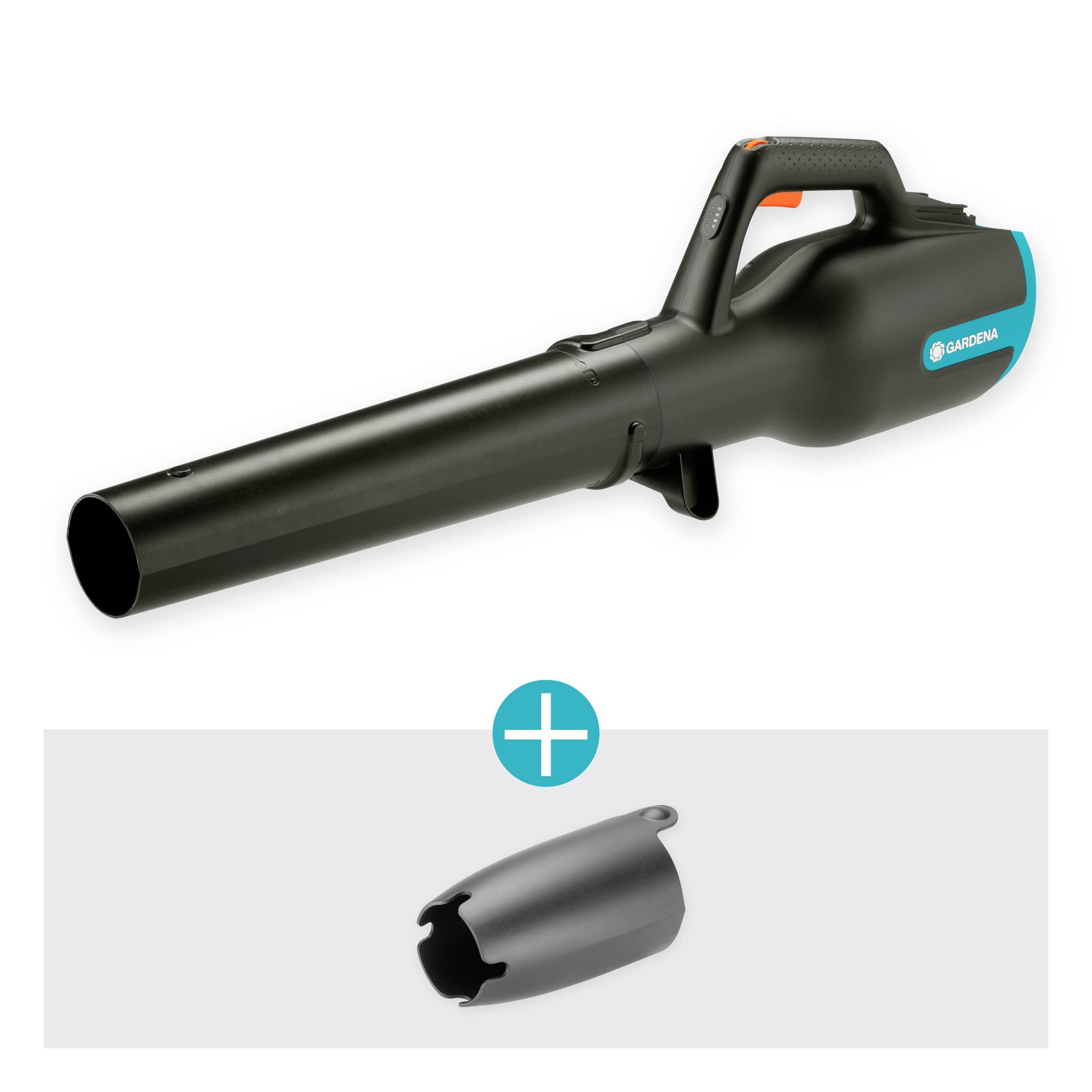 Ein schwarzer Gartengebläse mit Griff und blauem Logo. Darunter ein herausnehmbarer schwarzer Schutzaufsatz.