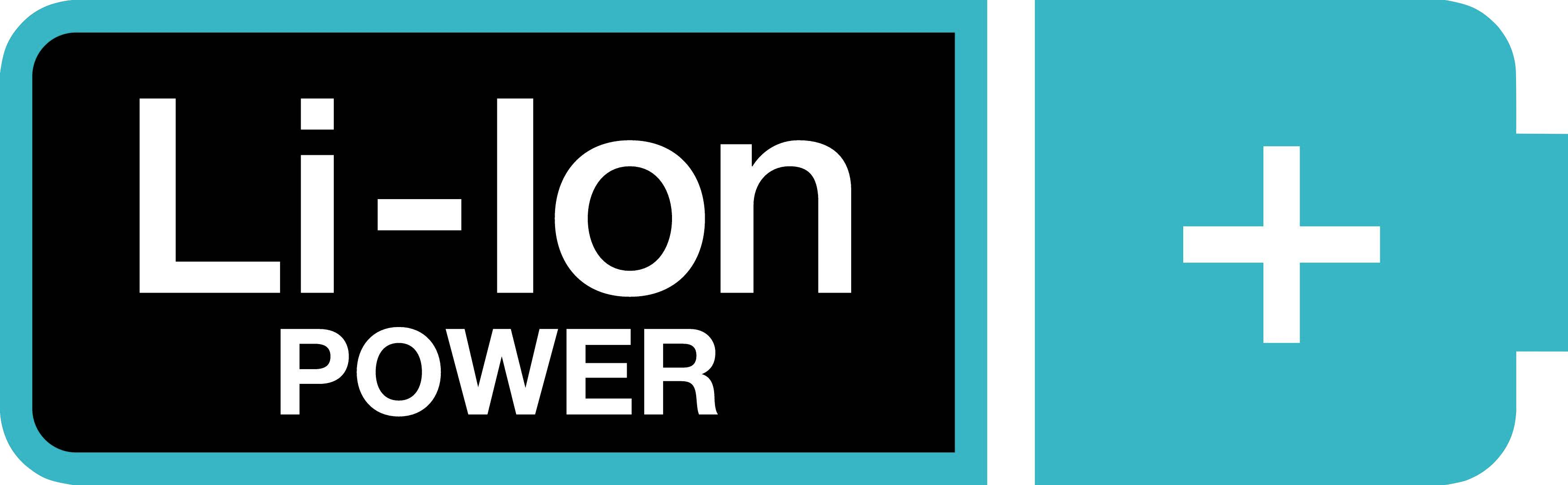 Ein Symbol mit dem Text 'Li-Ion Power' auf schwarzem Hintergrund, neben einem Pluszeichen in einem cyanfarbenen Batterie-Symbol.