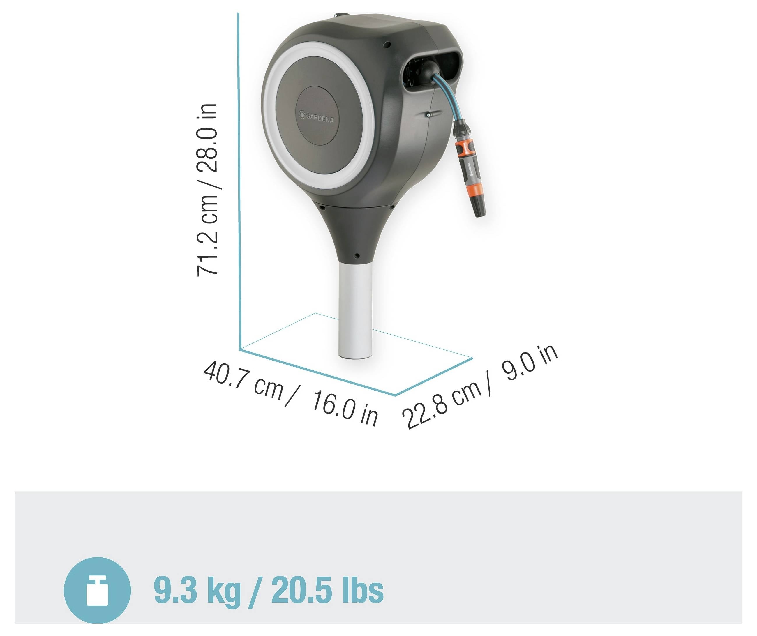 Darstellung eines tragbaren Geräts mit Abmessungen von 71,2 cm Höhe, 40,7 cm Breite, 22,8 cm Tiefe und einem Gewicht von 9,3 kg (20,5 lbs).
