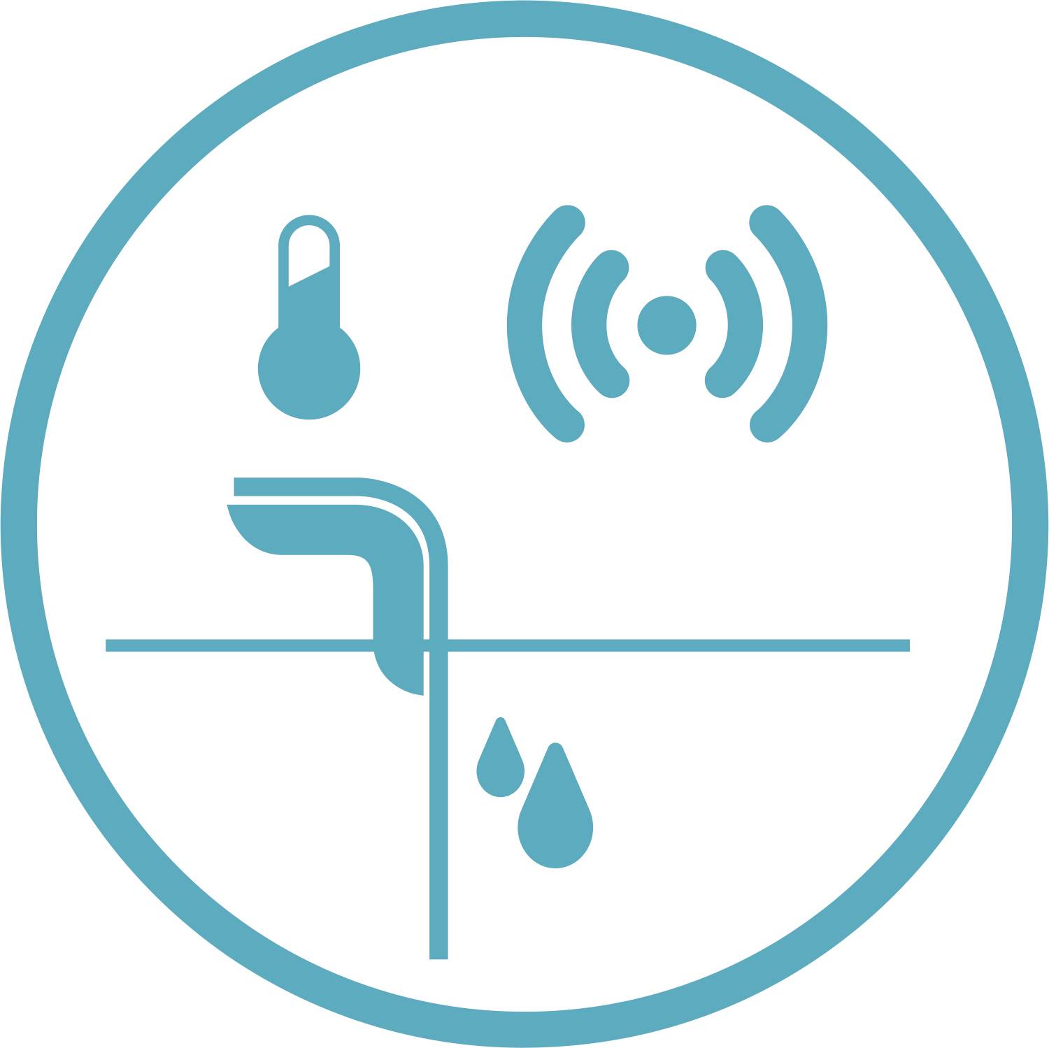 Ein Icon mit einem Thermometer, einem Funksignal und einem Wasserhahn, aus dem Tropfen fließen, symbolisiert intelligentes Wasser- und Temperatursystem.