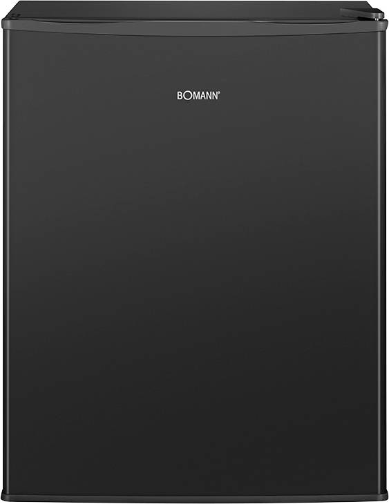 Ein schwarzer Mini-Kühlschrank der Marke Bomann, frontal abgebildet.