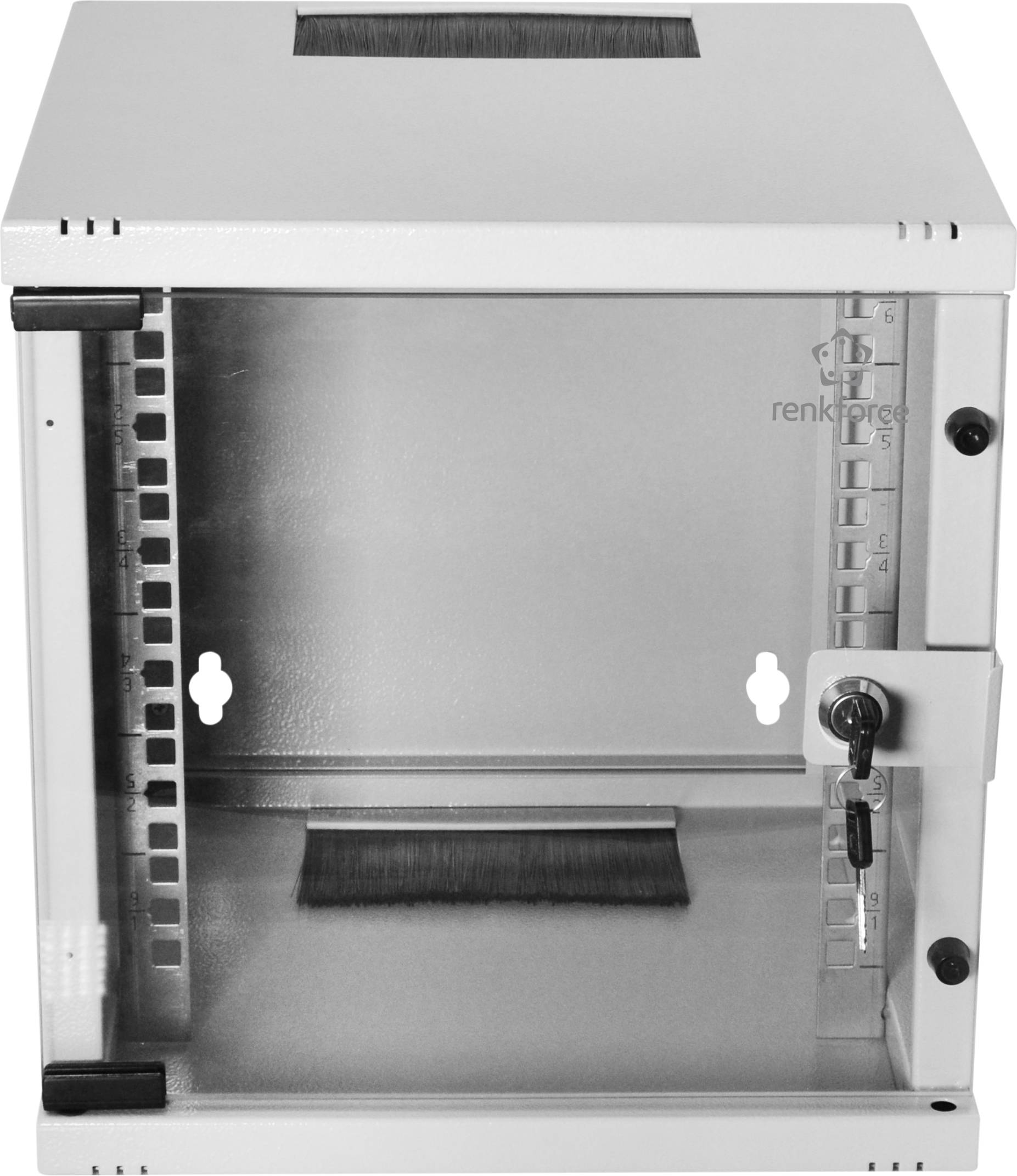 Ein leerer, abschließbarer Wandschrank mit vorne offener Tür, Metallrahmen und Lüftungsschlitzen oben und unten, geeignet für Netzwerkgeräte.