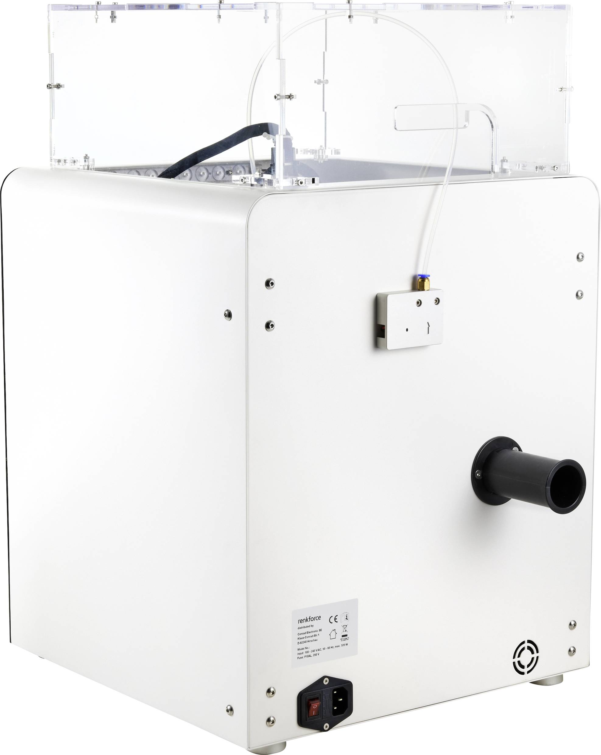 Ein weißes, rechteckiges Gerät mit einem schwarzen Auslass und einer durchsichtigen Abdeckung. Es hat elektrische Anschlüsse auf der Rückseite.