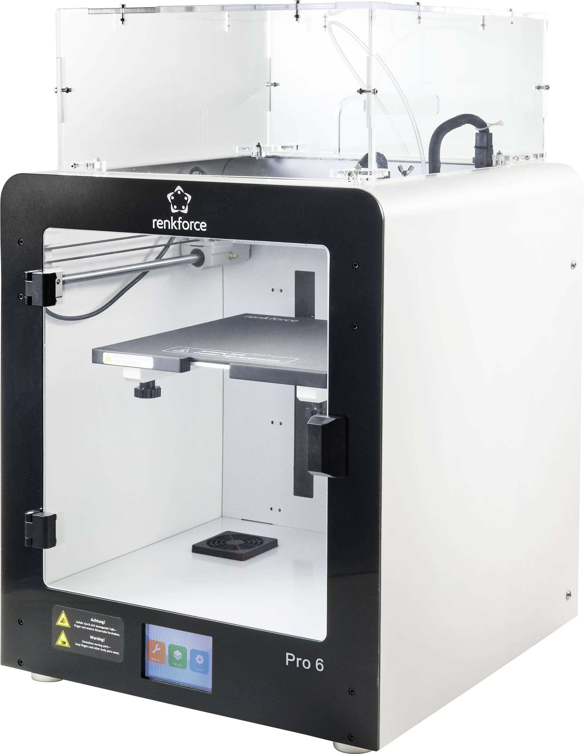 Ein weißer 3D-Drucker mit transparenter Abdeckung. Er hat ein Display und Bedienelemente an der Vorderseite.