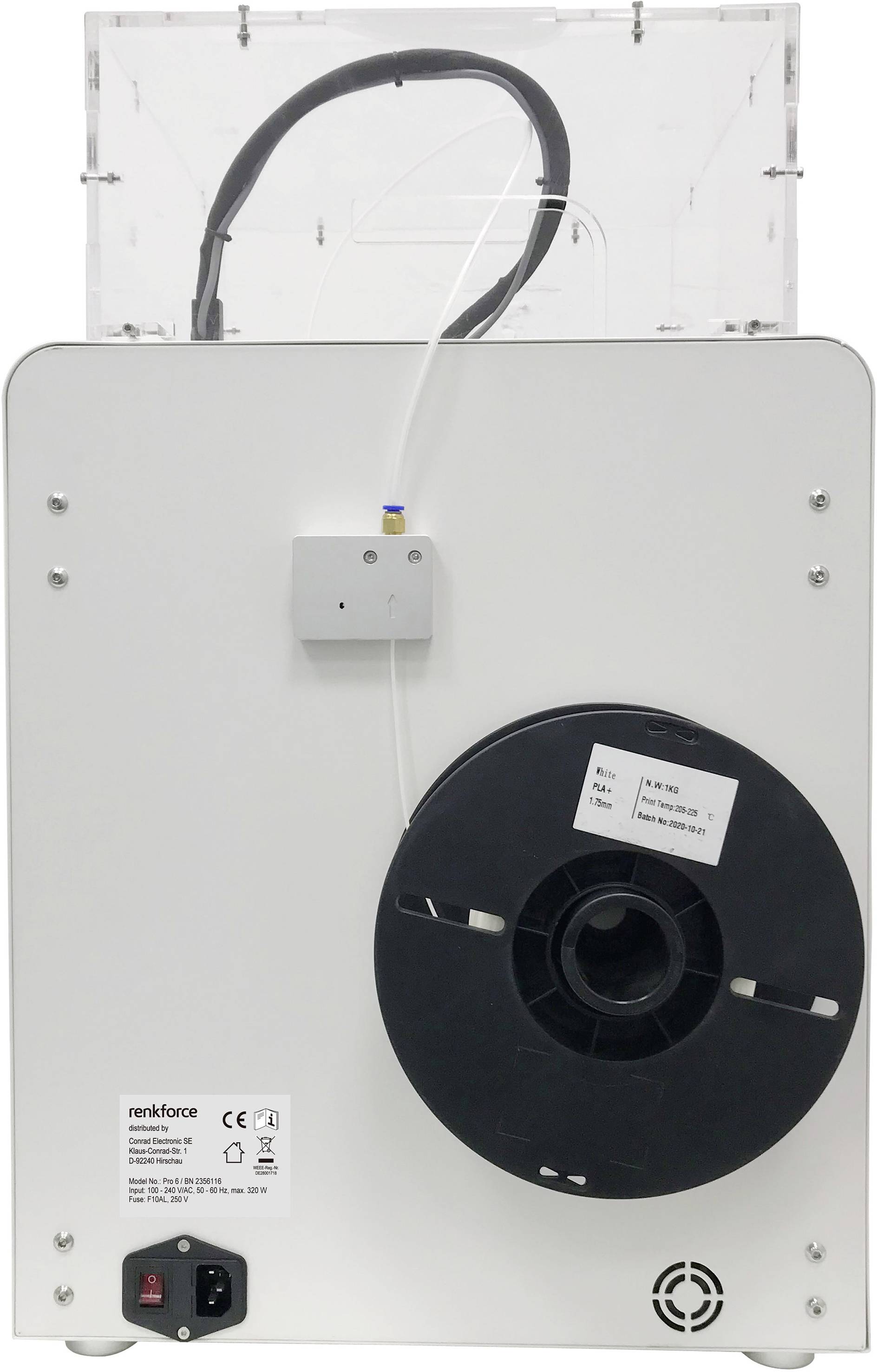 Der 3D-Drucker zeigt die Rückseite mit Filamentrolle und Anschluss. Oben befindet sich ein transparentes Gehäuseteil.